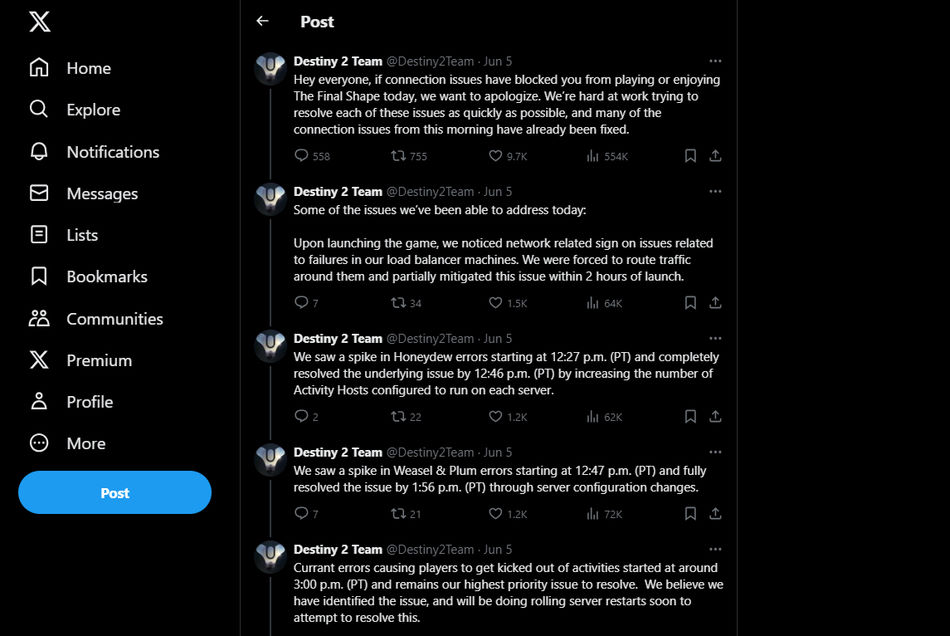 Tweet Officiel de l'équipe de Destiny 2 concernant les corrections de lancement de The Final Shape