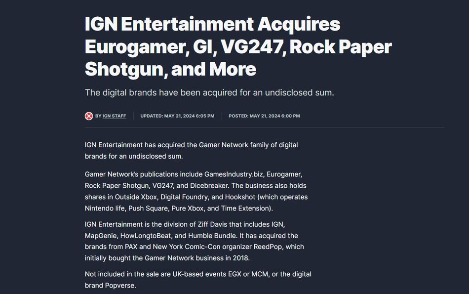 nouvelle officielle de l'acquisition de Gamer Network par IGN