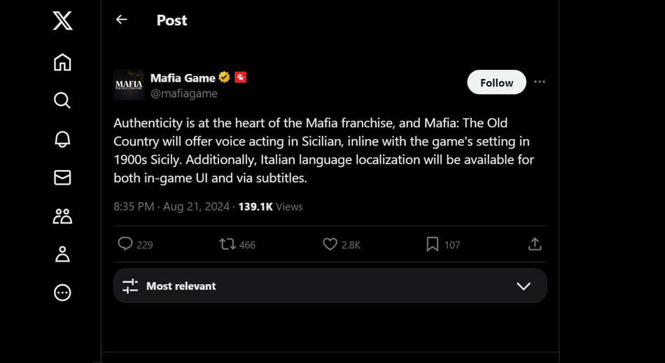 2K confirme sur Twitter le doublage sicilien pour Mafia The Old Country