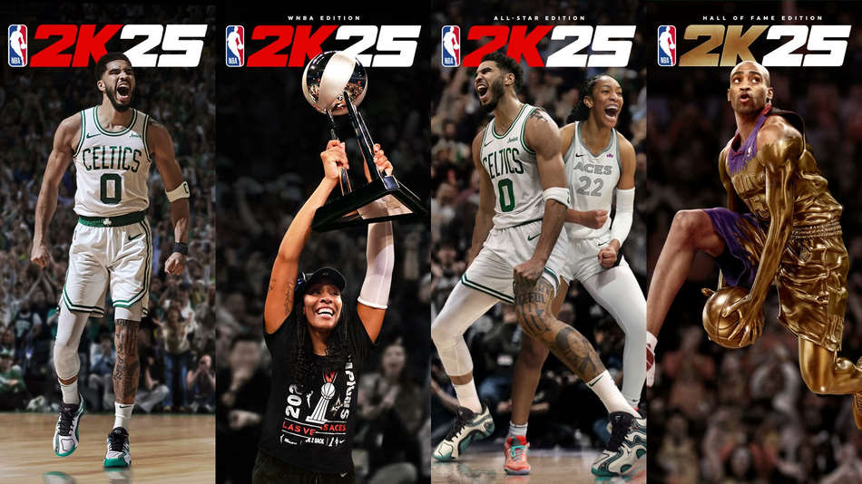 NBA 2K25 les 4 couvertures du jeu, standard, wnba, all-star, et hall of fame