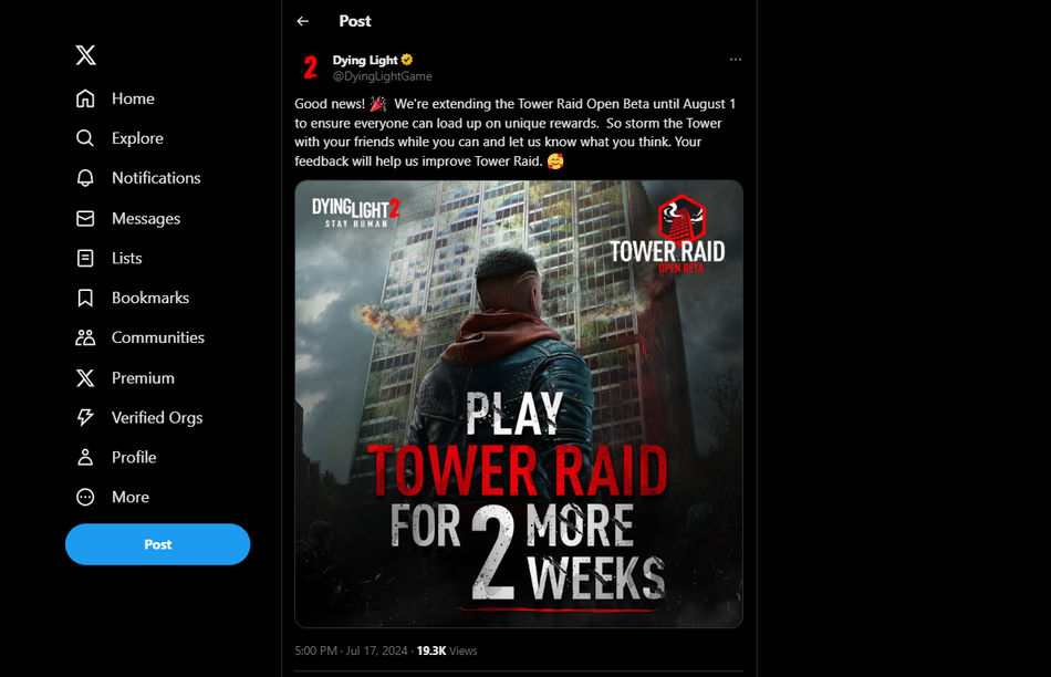 Techland annonce la prolongation du Tower Raid sur Dying Light 2, twitter(X)