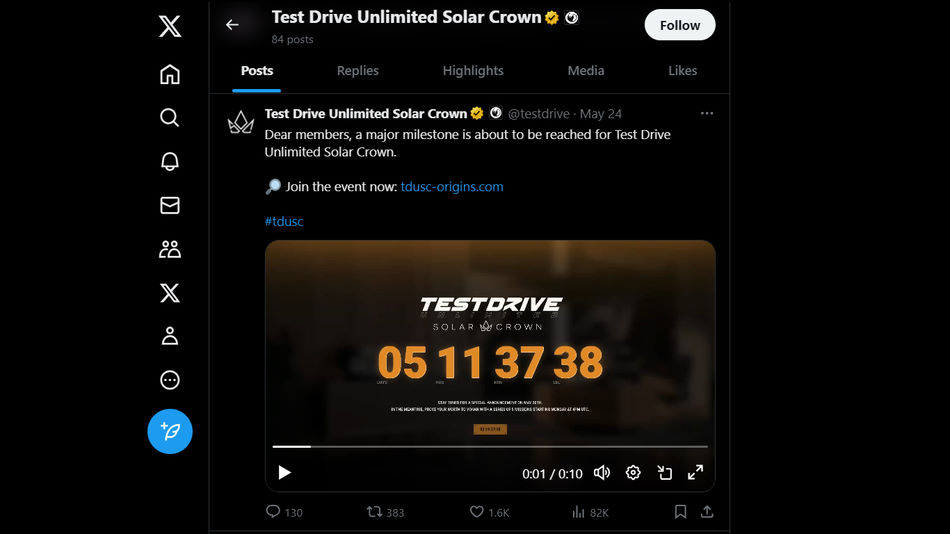 Tweet de la nouvelle de TDU Solar Crown avec un compte à rebours pour le 30 mai 2024