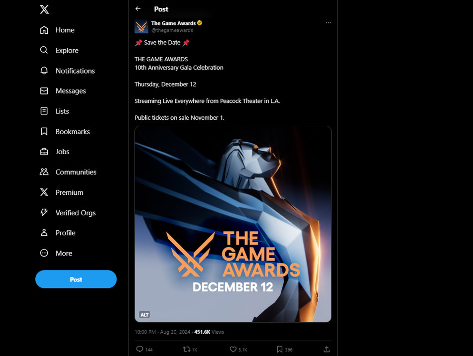 Annonce sur Twitter des Game Awards 2024