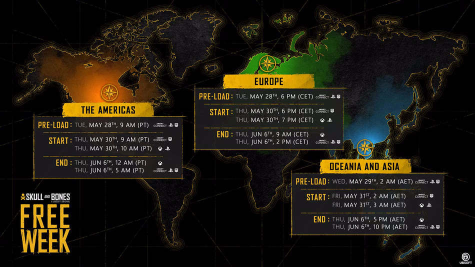 horaires et jours de la semaine gratuite de Skull and Bones pour chaque région
