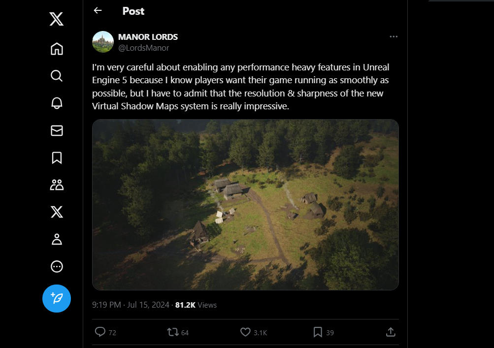 Manor Lords twitter parle de Unreal Engine 5