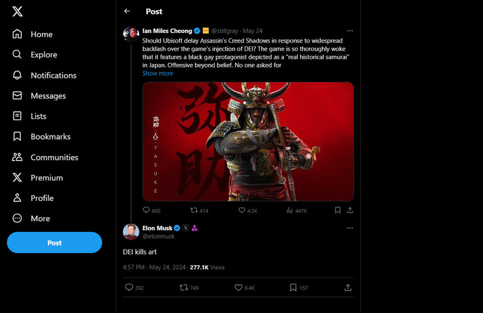 le tweet de réponse d’Elon Musk à Ian sur le DEI dans Assassin’s Creed Shadows