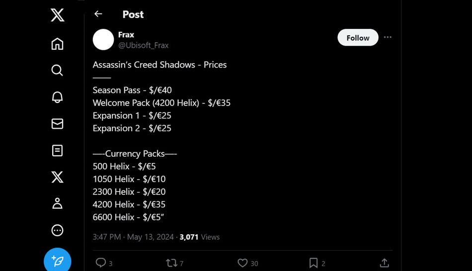 utilisateur Ubisoft_Frax fuites sur Twitter pour les prix d'AC Shadows