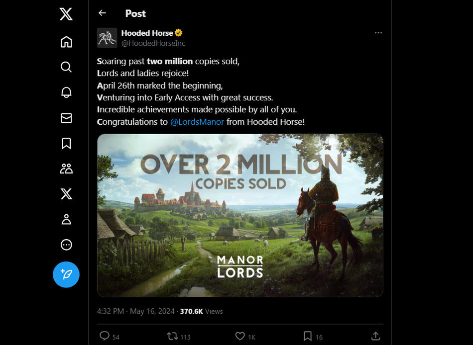 Hooded Horse annonce sur Twitter que Manor Lords a dépassé les 2 millions d'exemplaires vendus